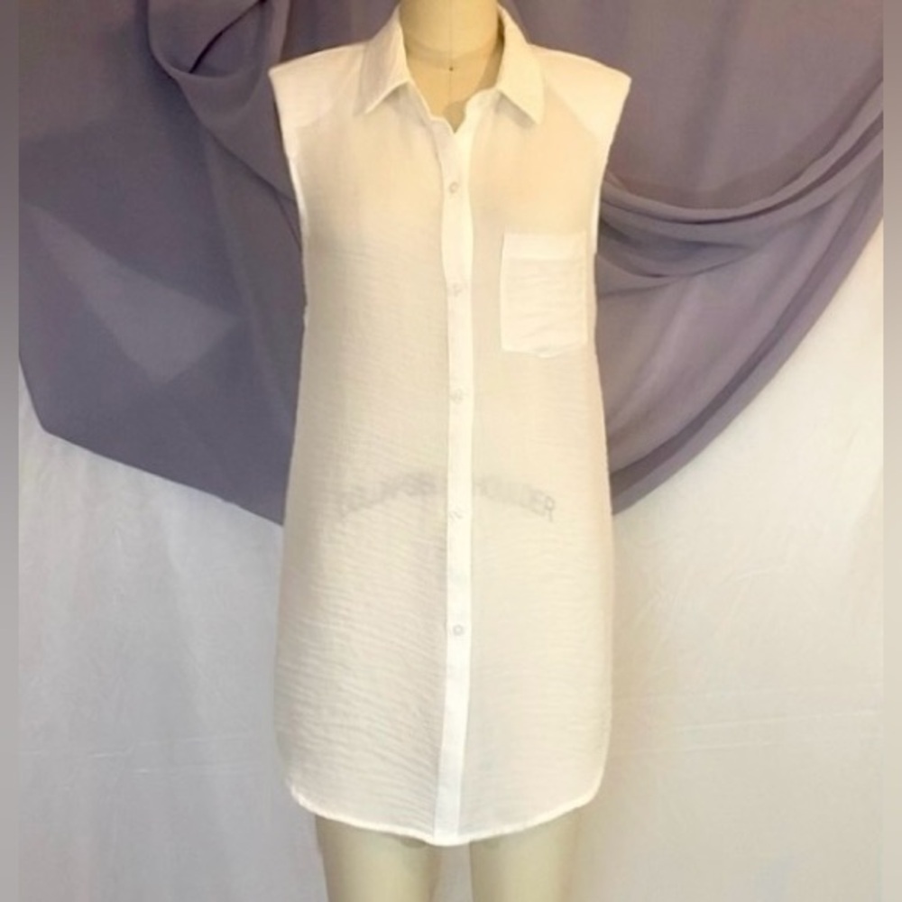 White Sheer Sleeveless Shirt Dress Duster Cover Up Small – Draped Back - Picture 4 of 9